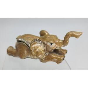 Miniature Trunk Up Elephant Metal, Enamel & Rhinestones Hinged Trinket Box 4"